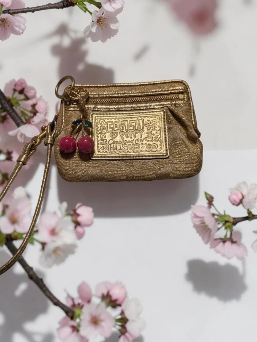 Coach Metallic Gold Poppy Mini Wristlet with Cherry Charm (Gold, Pink)